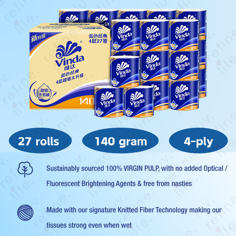 (27 Rolls) Vinda Premium 4 Ply Toilet Roll Paper / 140G High Quality Toilet Paper Roll