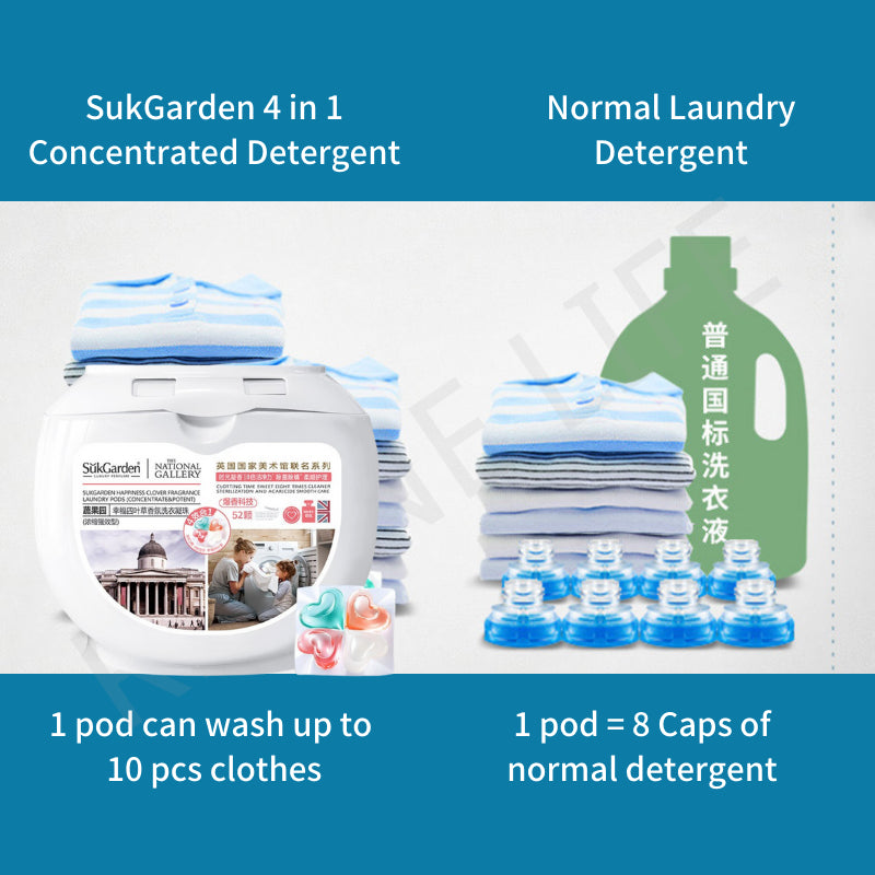 (52 Pods) SukGarden 4-in-1 Plant Based Concentrated Clover Hearts Laundry Detergent Pods
