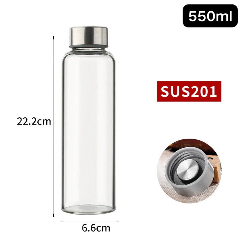 Borosilicate Glass Water Bottle with Stainless Steel Leakproof Cap – 420ml/550ml/750ml/1000ml
