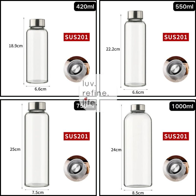 Borosilicate Glass Water Bottle with Stainless Steel Leakproof Cap – 420ml/550ml/750ml/1000ml