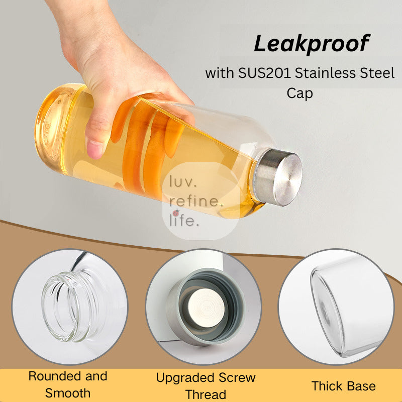 Borosilicate Glass Water Bottle with Stainless Steel Leakproof Cap – 420ml/550ml/750ml/1000ml
