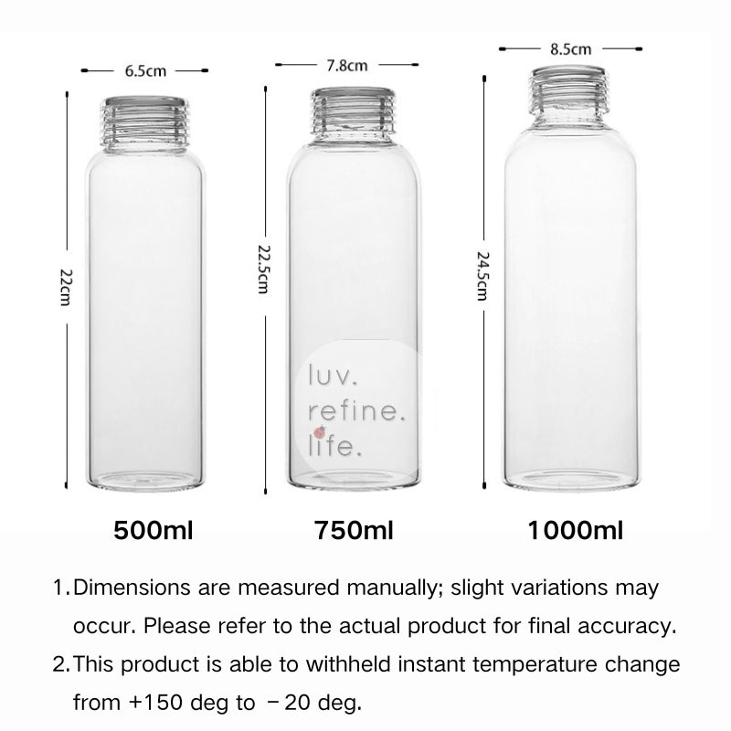 Borosilicate Glass Water Bottle | ABS Leak-Proof Cap | 500ml / 750ml / 1000ml